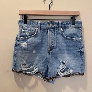 Pilcro Distressed Denim Shorts with Embellished Hem